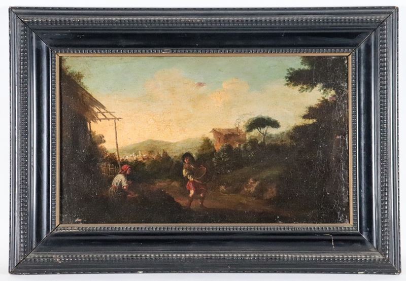 "Paesaggio con contadini e borgo sullo sfondo"