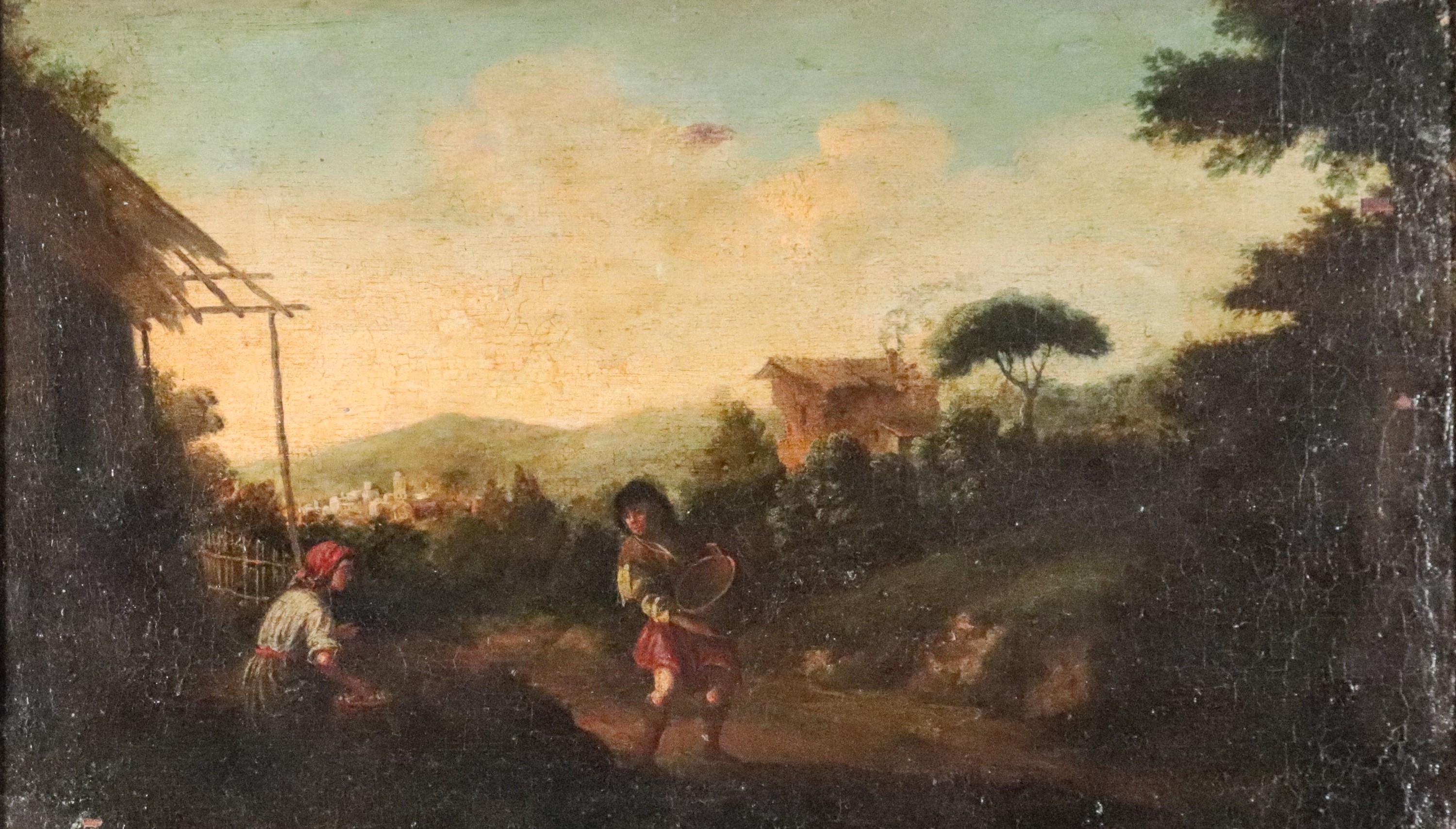 "Paesaggio con contadini e borgo sullo sfondo"