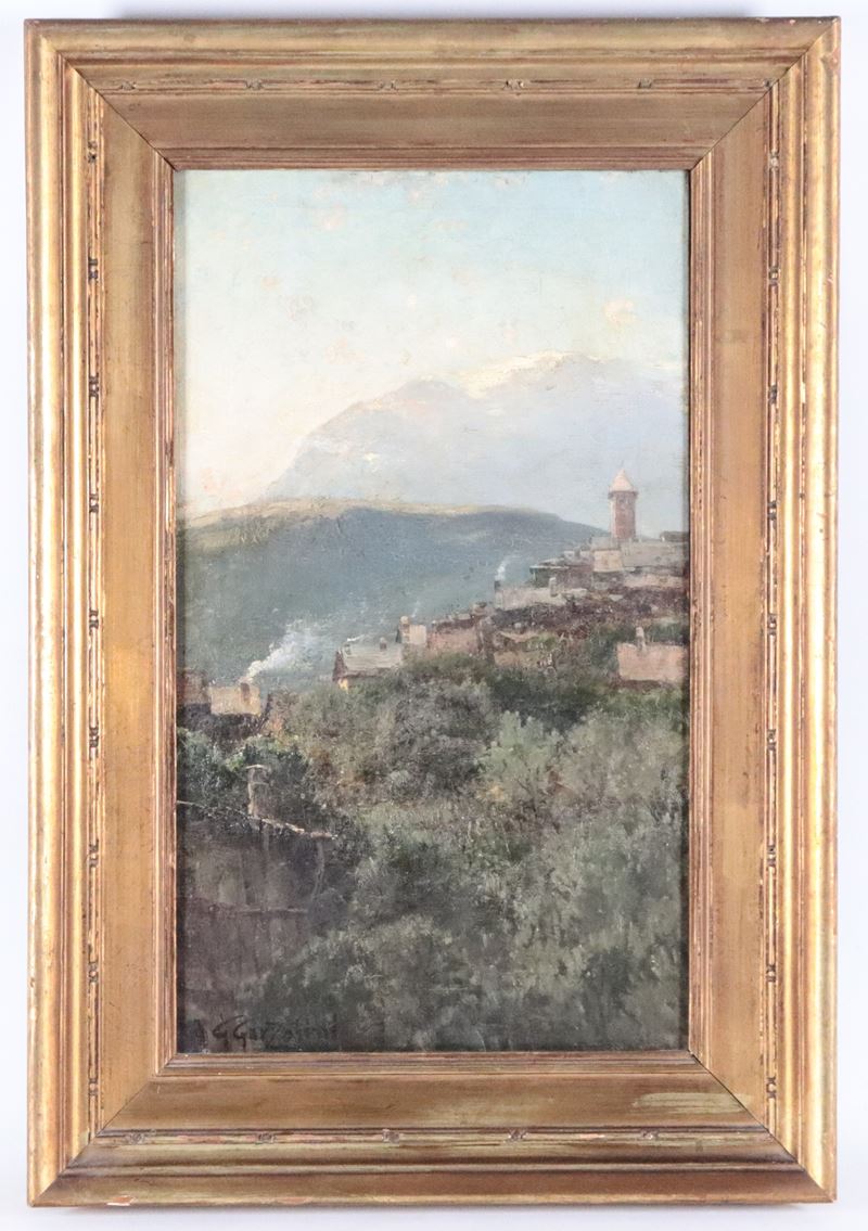 Firmato. "Paesaggio con veduta di paese"