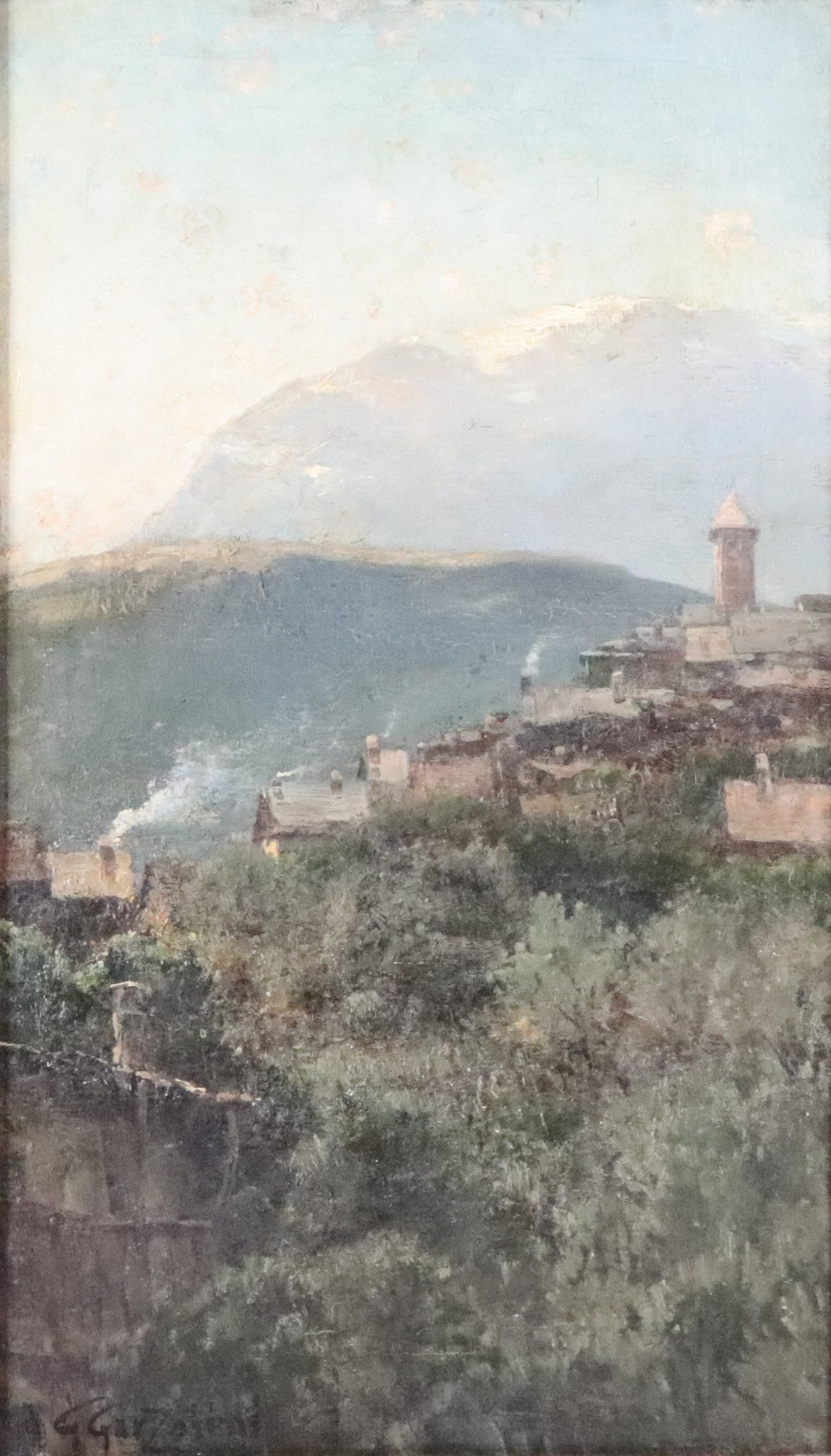 Firmato. "Paesaggio con veduta di paese"