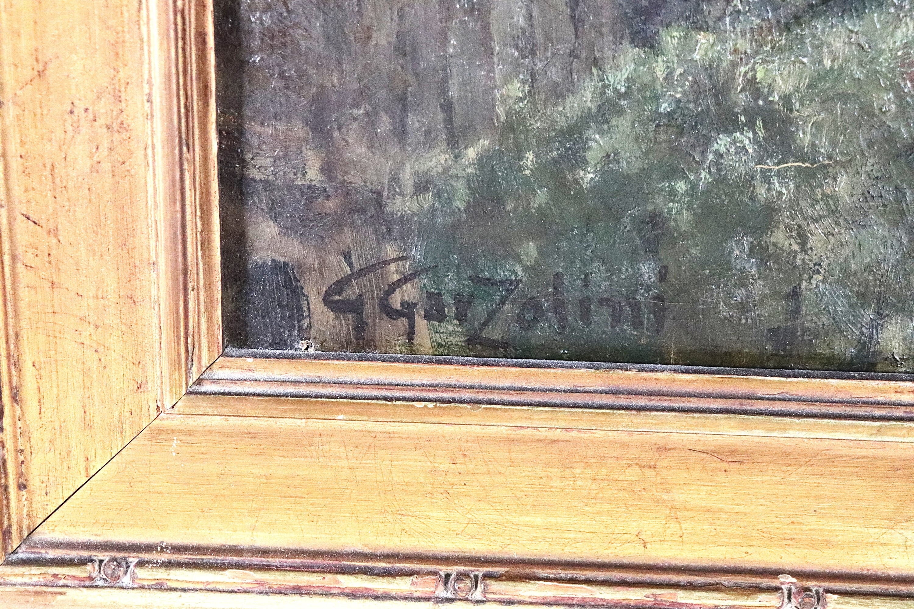 Firmato. "Paesaggio con veduta di paese"