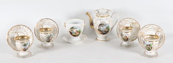 Antico servizio Impero da caffè in porcellana Vecchia Parigi, con decorazioni dipinte di "Paesaggi" e lumeggiature in oro zecchino