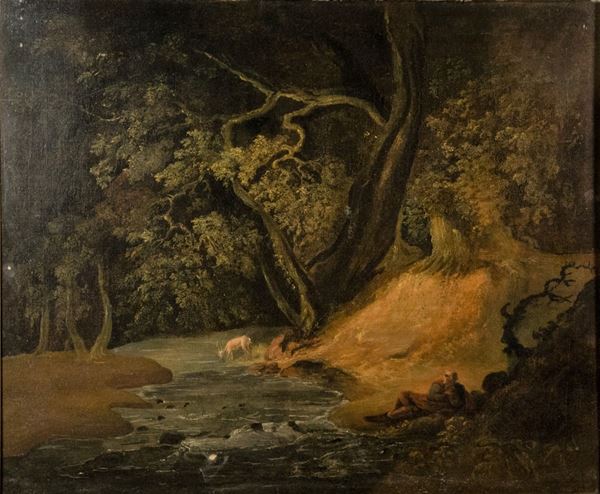 Pittore Italiano XIX Secolo - &quot;Woodland landscape with farmer and deer&quot;