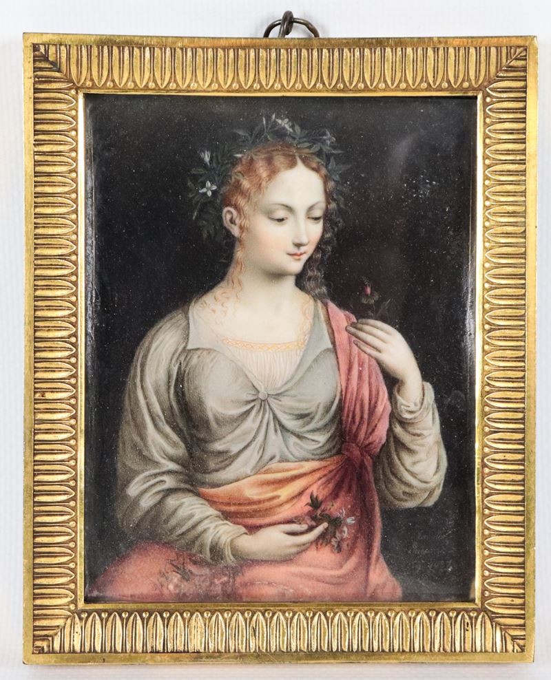 "Flora", antica miniatura dipinta in cornice in bronzo dorato, sbalzato e cesellato