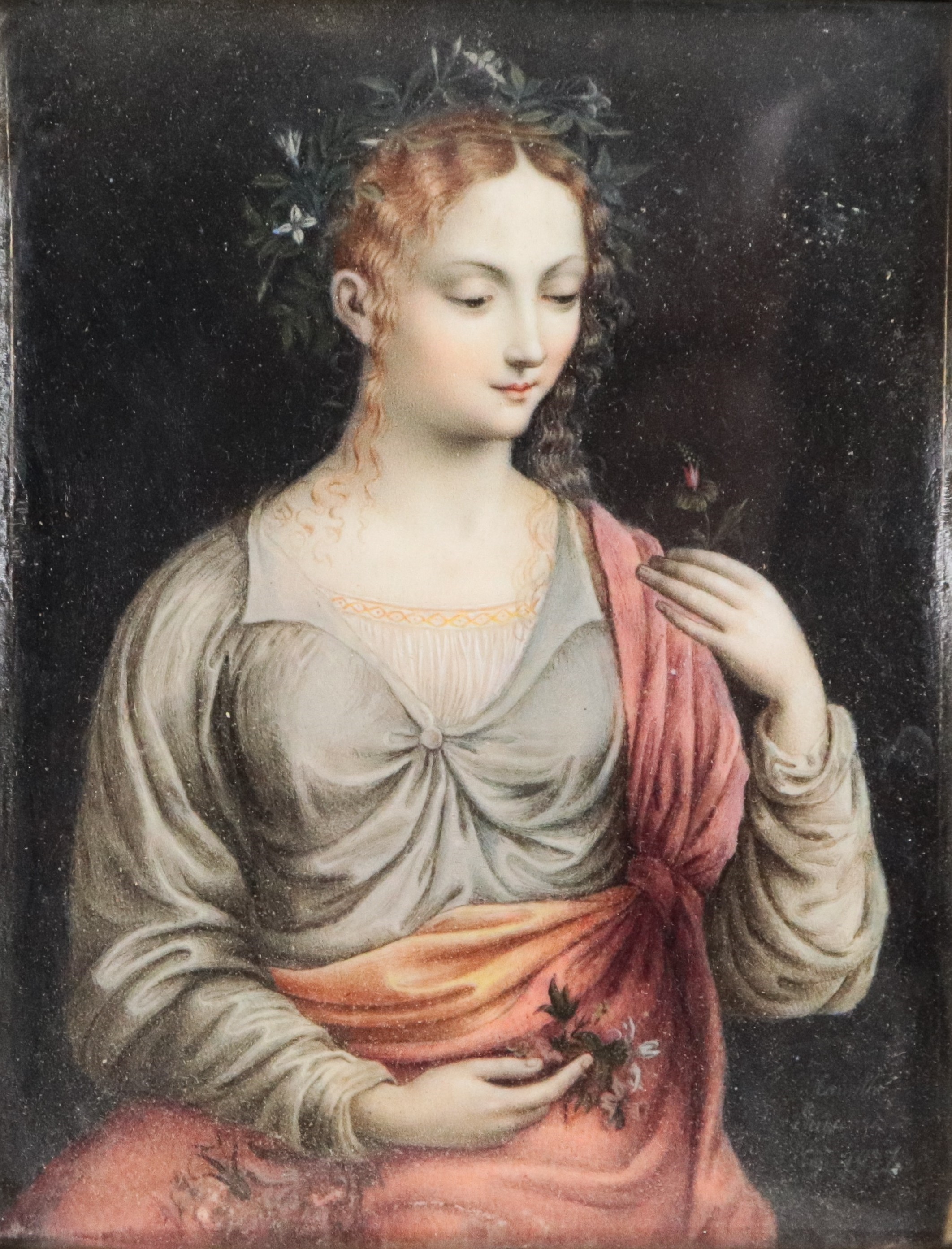 "Flora", antica miniatura dipinta in cornice in bronzo dorato, sbalzato e cesellato