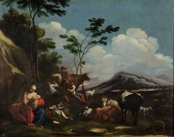 Jan Miel - &quot;Paesaggio con la sosta dei pastori con armenti e greggi&quot;. Allievo di.