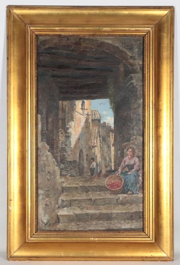 Pio Joris - Firmato. "Scorcio di Anticoli Corrado con venditrice di mele e bambino"