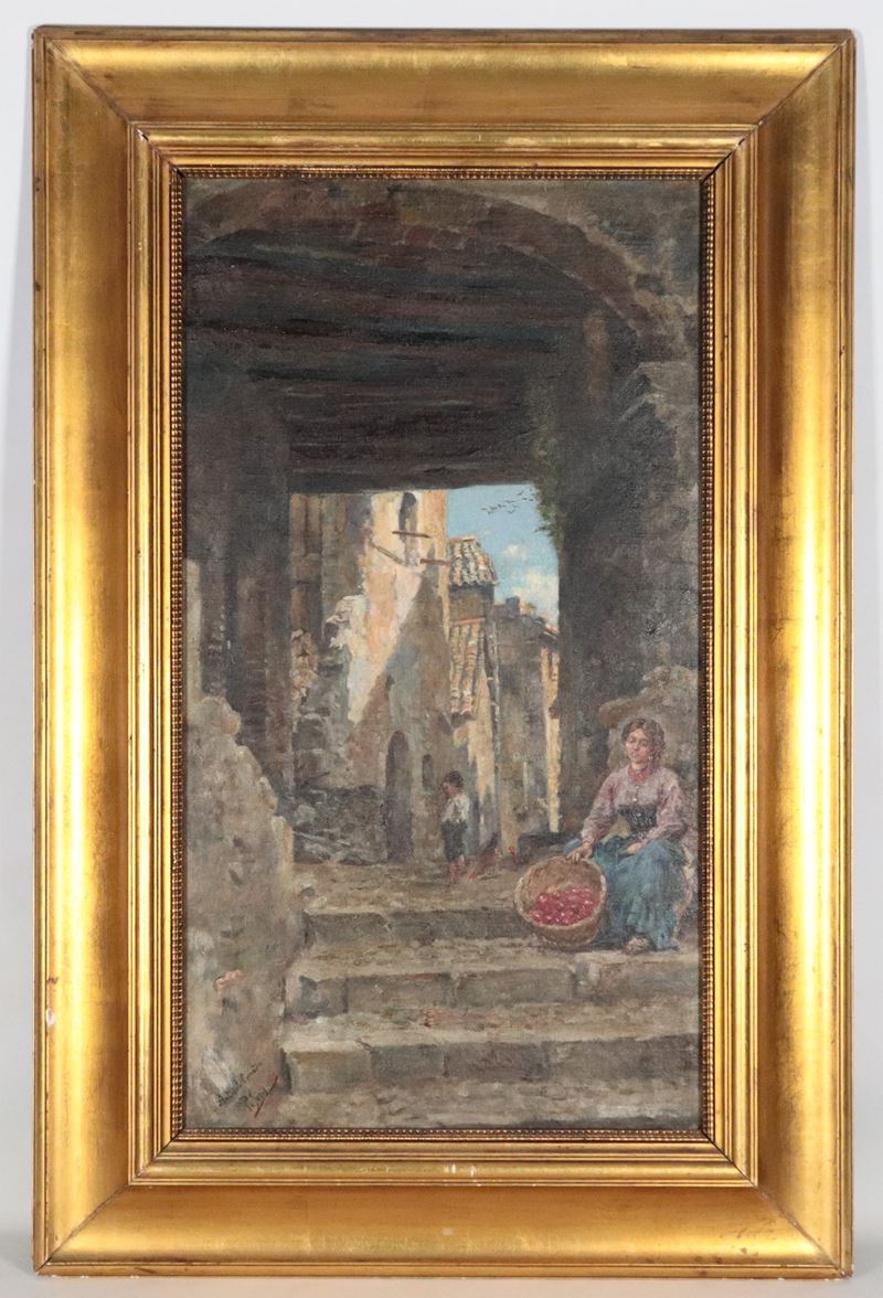 Firmato. "Scorcio di Anticoli Corrado con venditrice di mele e bambino"