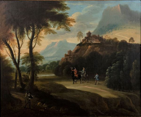 Pittore Lombardo Veneto Fine XVII Secolo - &quot;Landscape with falconer&quot;