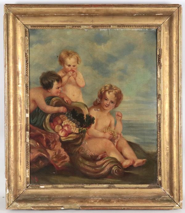 Scuola Bolognese Fine XVIII Secolo - Siglato. "Allegoria di putti con cesto di frutta"
