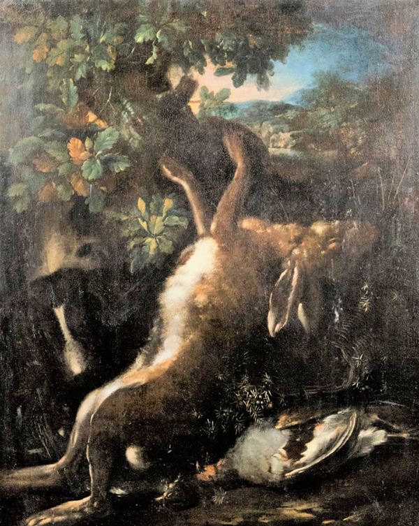 Pittore Lombardo Fine XVII Secolo - &quot;Still life with game and dog&quot;