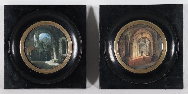 "Interni di antico palazzo con personaggi"