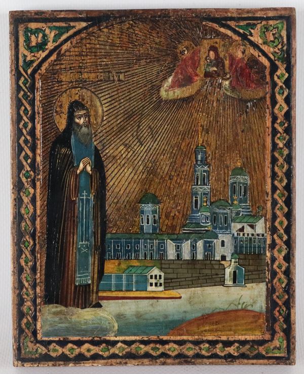 "San Nilo Stolobenskij", antica piccola icona russa dipinta a tempera su tavola