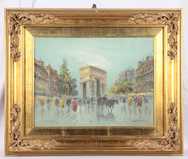Pittore Italiano Inizio XX Secolo - Firmato. "Veduta di Parigi con l'Arco di Trionfo"