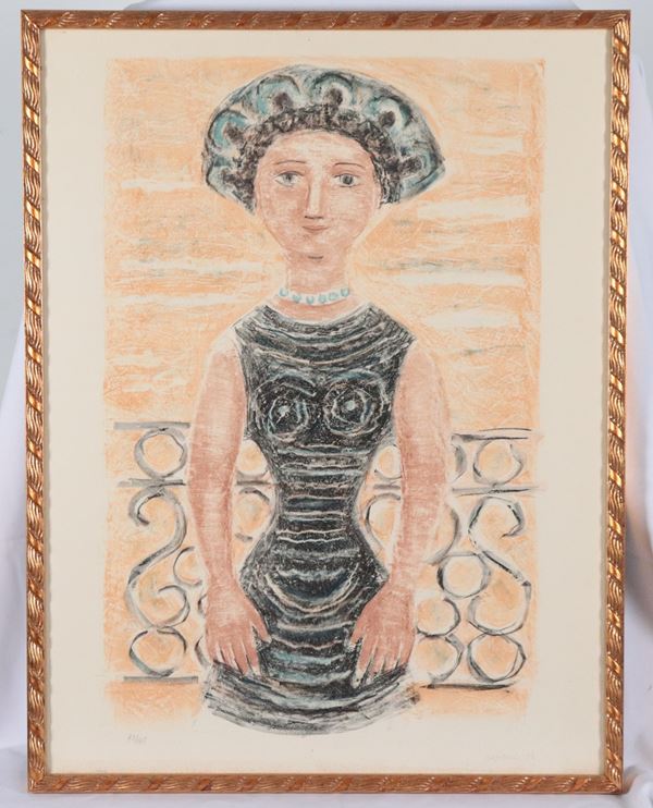 Massimo Campigli - Firmata e datata 1956. "Ritratto di donna", litografia a colori su carta, multiplo 73/175 