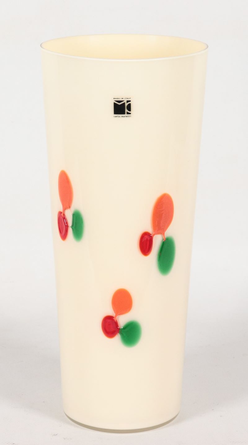 Vaso in vetro soffiato di Murano collezione Troncocono a corpo avorio decorato con applicazioni i...