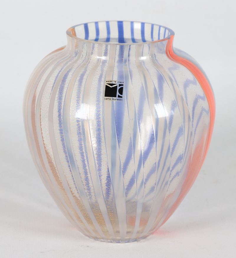 Vaso in vetro soffiato di Murano collezione Ipiccoli, con decorazioni a strisce in arancio, giall...
