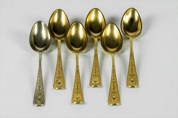 Six ice cream spoons in chiseled vermeil metal  - Auction Antique paintings, furniture, furnishings and art objects. - Gelardini Aste Casa d'Aste Roma