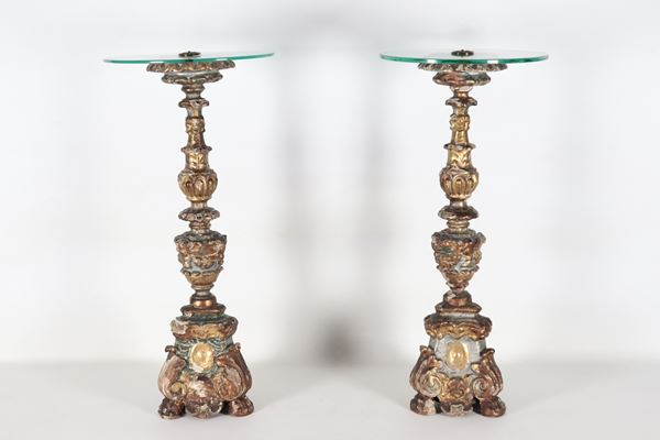 Pair of antique Louis XV candlesticks in gilded, lacquered and carved wood