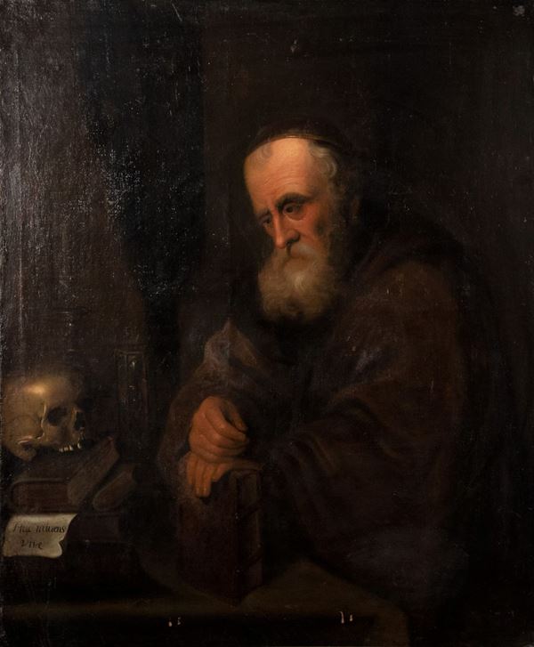 Pittore Caravaggesco XVII Secolo - &quot;Friar in contemplation&quot;