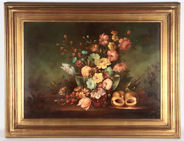 Pittore Tedesco XX Secolo - Signed. "Still Life with a Bouquet of Flowers, Fruit, and a Vase."