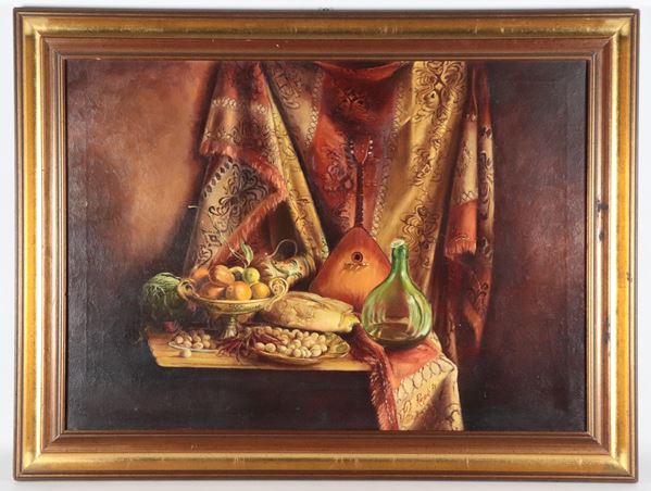 Luciano Regoli - Signed and dated Regoli 1975. "Still Life of Fruit with Drape"