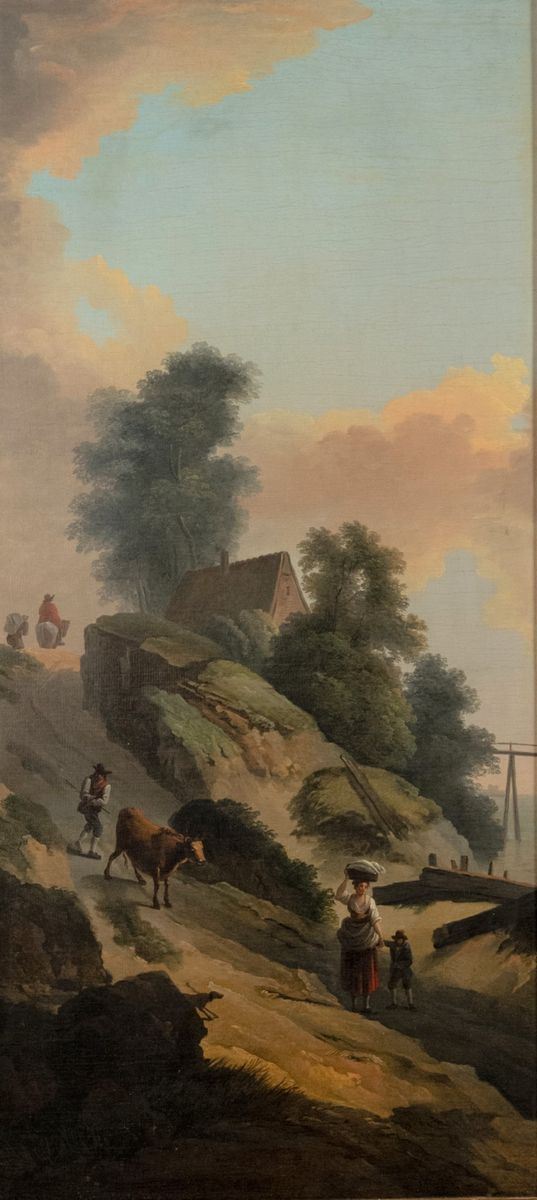 Pittore Fiammingo XVII Secolo - &quot;Paesaggio con contadina e pastore con mucca&quot;