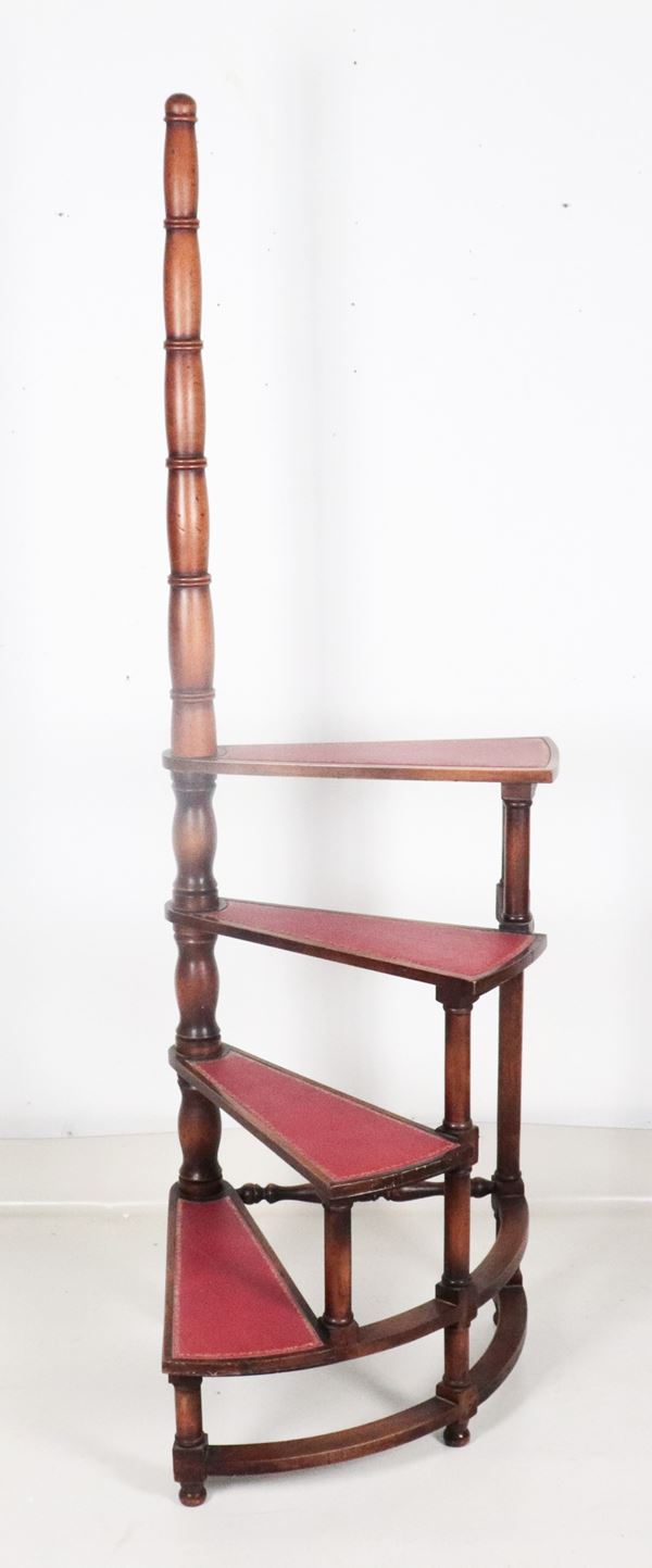Walnut library ladder, with turned upright and four steps covered in red leather