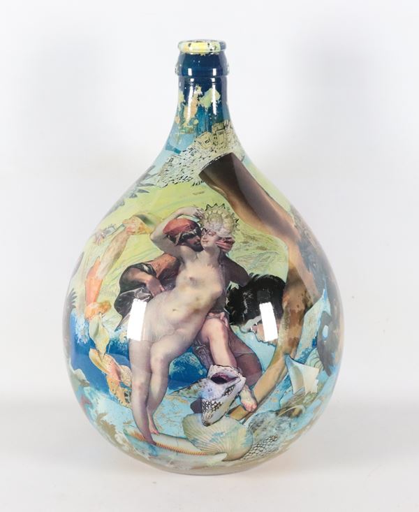 Demijohn painted on glass with mythological-fantastic motifs. Signed C Fidelio, Rome, 1986.