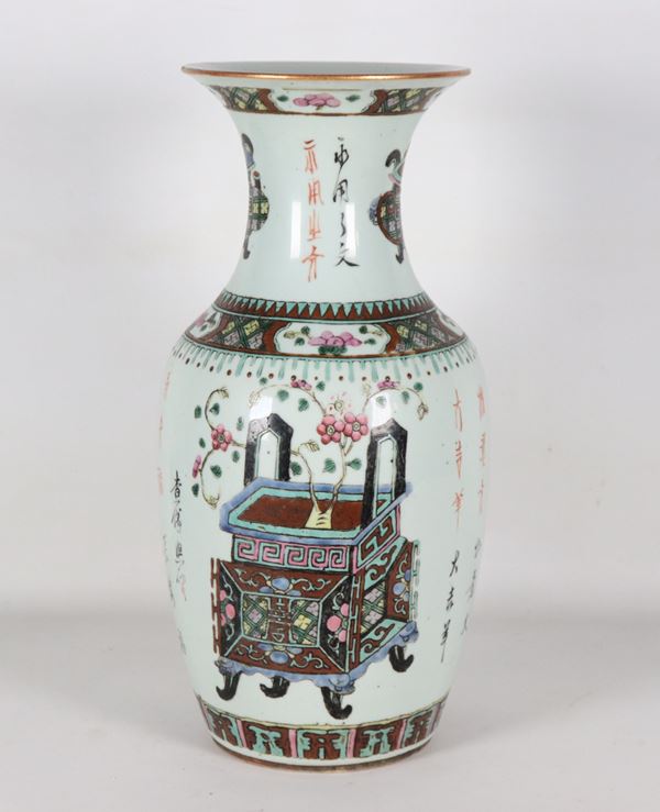 Antique Chinese porcelain vase with polychrome enamel decorations featuring flower baskets, incense burners and inscriptions