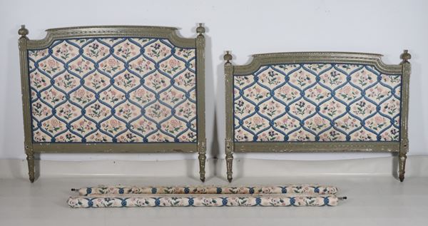 Antique French Louis XVI bed in green lacquered wood with floral fabric