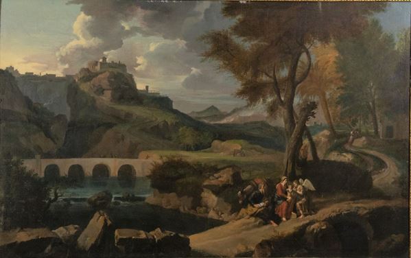 Pittore Italiano XVII Secolo - &quot;Paesaggio con la sosta durante la fuga in Egitto&quot;