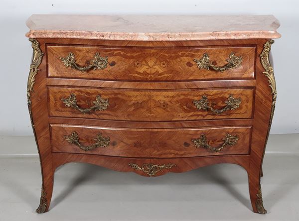 Commode francese Napoleone III, in bois de rose ed ebano viola con intarsi a motivi di volute floreali