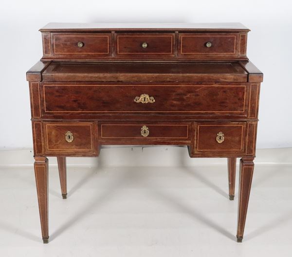 Antique French Bonheur du jour writing desk, Louis XVI style, in mahogany with inlaid fillets