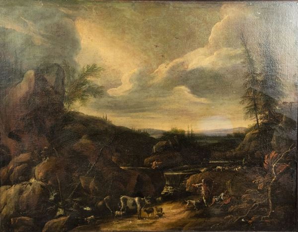 Pittore Fiammingo Fine XVII Secolo - &quot;Landscape with a stream, shepherds, herds and flocks&quot;