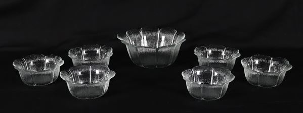 Fruit salad set in frosted and worked glass (7 pcs.)