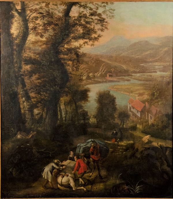 Jan Siberechts - &quot;Paesaggio con fiume, villaggio e viandanti con cavalli da soma&quot;. Firmato e datato 