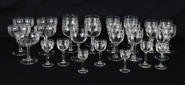Antique engraved crystal glass set (28 pcs.)