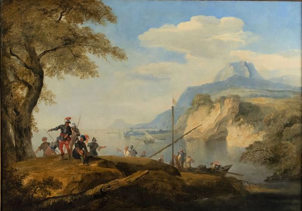 Pittore Francese Inizio XVIII Secolo - &quot;Landscape with a view of the coast, landing place for boats and soldiers&quot;