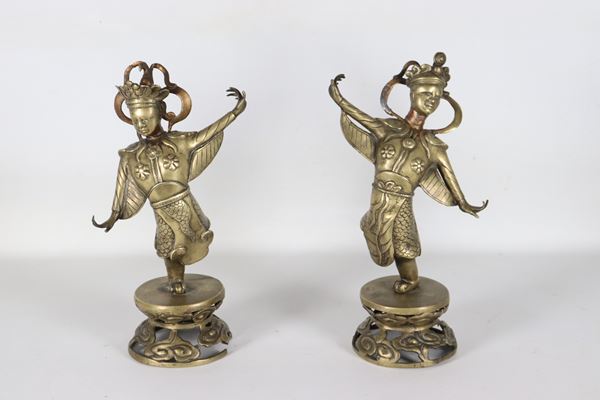 "Thai Dancing Warriors", a pair of gilded bronze sculptures