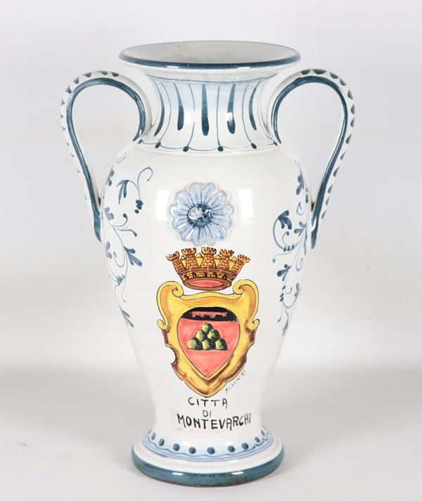 Majolica ceramic amphora vase with the coat of arms of the City of Montevarchi, curved handles