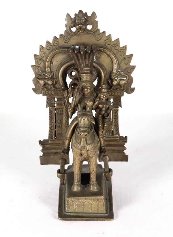 "Khandoba Deity", small patinated bronze sculpture 
