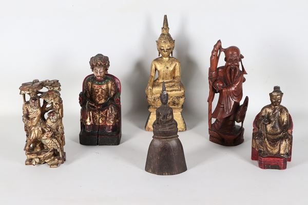  "Divinity", lot of six small sculptures in gilded and patinated wood