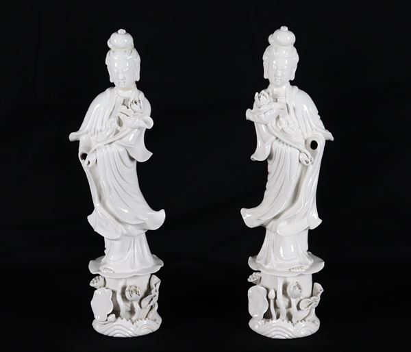"Guanyin", a pair of Chinese sculptures in white porcelain