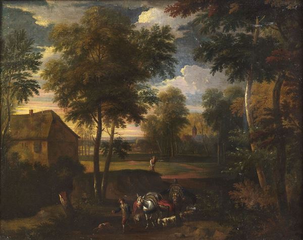 Hendrik Frans Van Lint - &quot;Paesaggio con case contadine e viandante con cavalli e caprette&quot;. Seguace di.