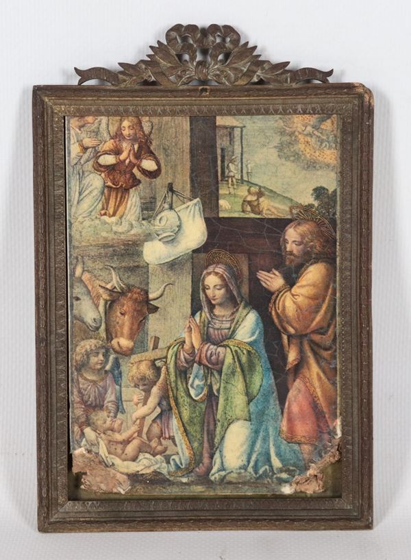 "Nativity", an ancient small color miniature on paper applied to cardboard executed in the holographic manner