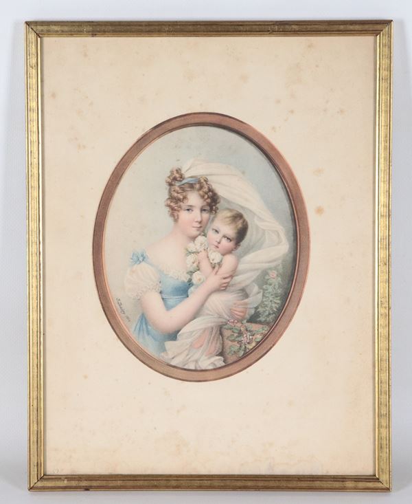 Jean Baptiste Isabey - Signed and dated 1810. "Young noblewoman with little son and roses"
