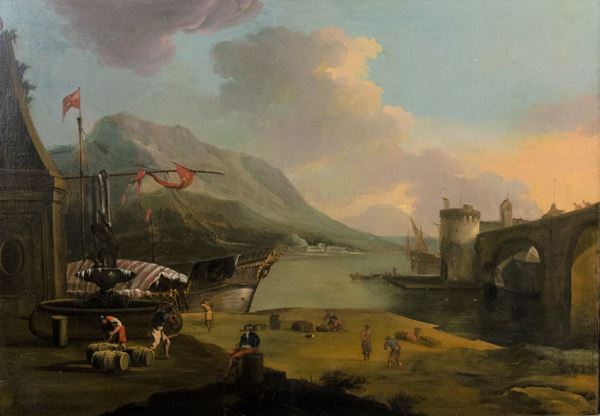 Pittore Fiammingo XVII Secolo - &quot;View of the port with characters and fountain&quot;