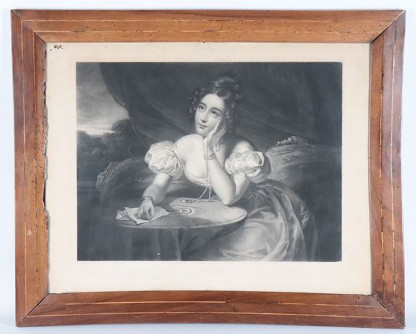 "Young noblewoman in love", old French engraving on paper