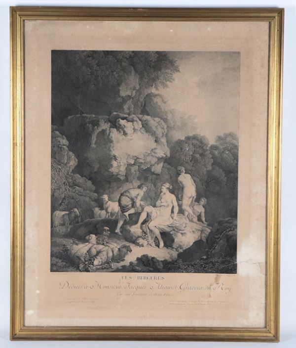 "Bathing Nymphs", an old French engraving on paper